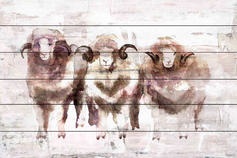 "Three Rams" Painting Print on White Wood, 18"x12"