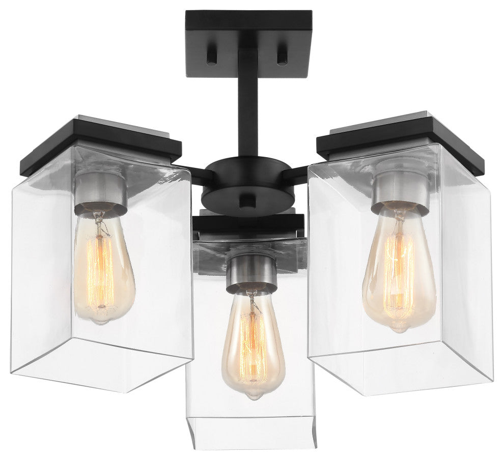 Crossroads 3-Light Semi-Flush Fixture, Matte Black With Clear Glass