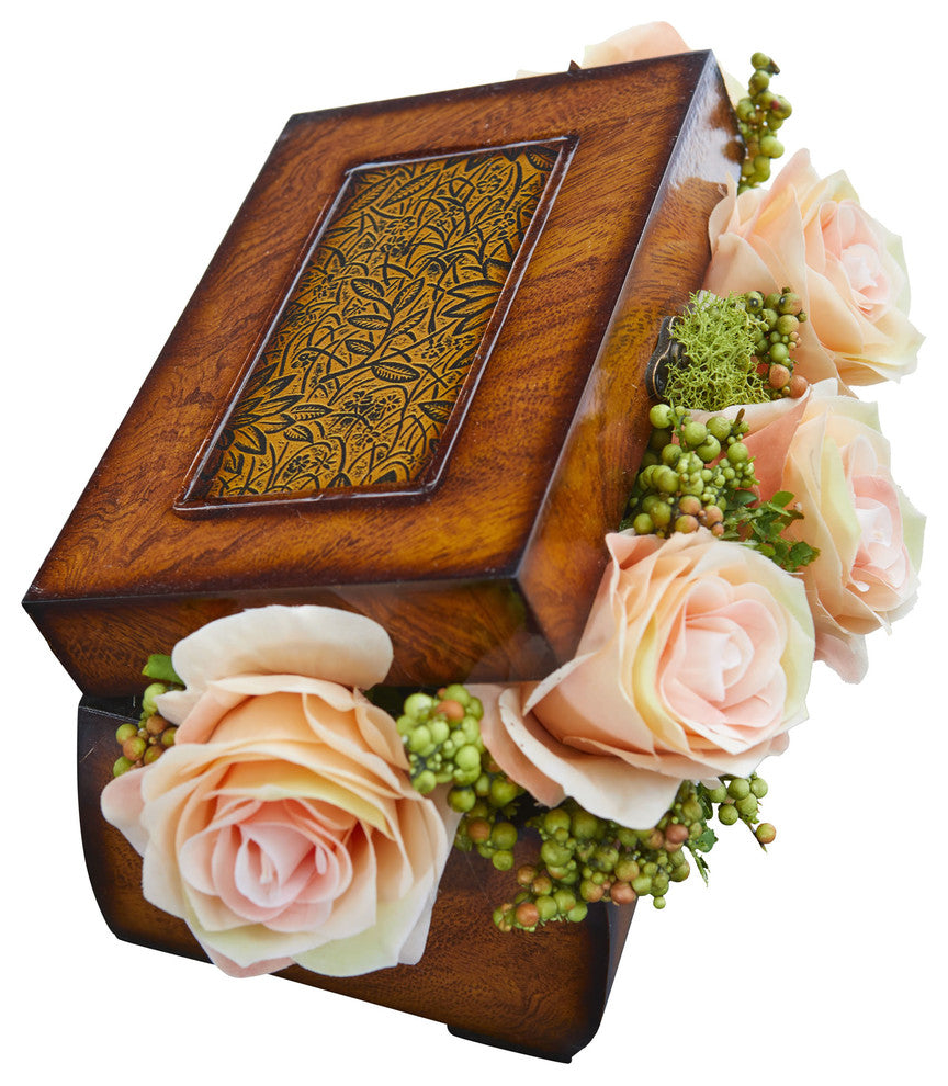 Nearly Natural Roses Artificial Arrangement In Decorative Chest, Peach