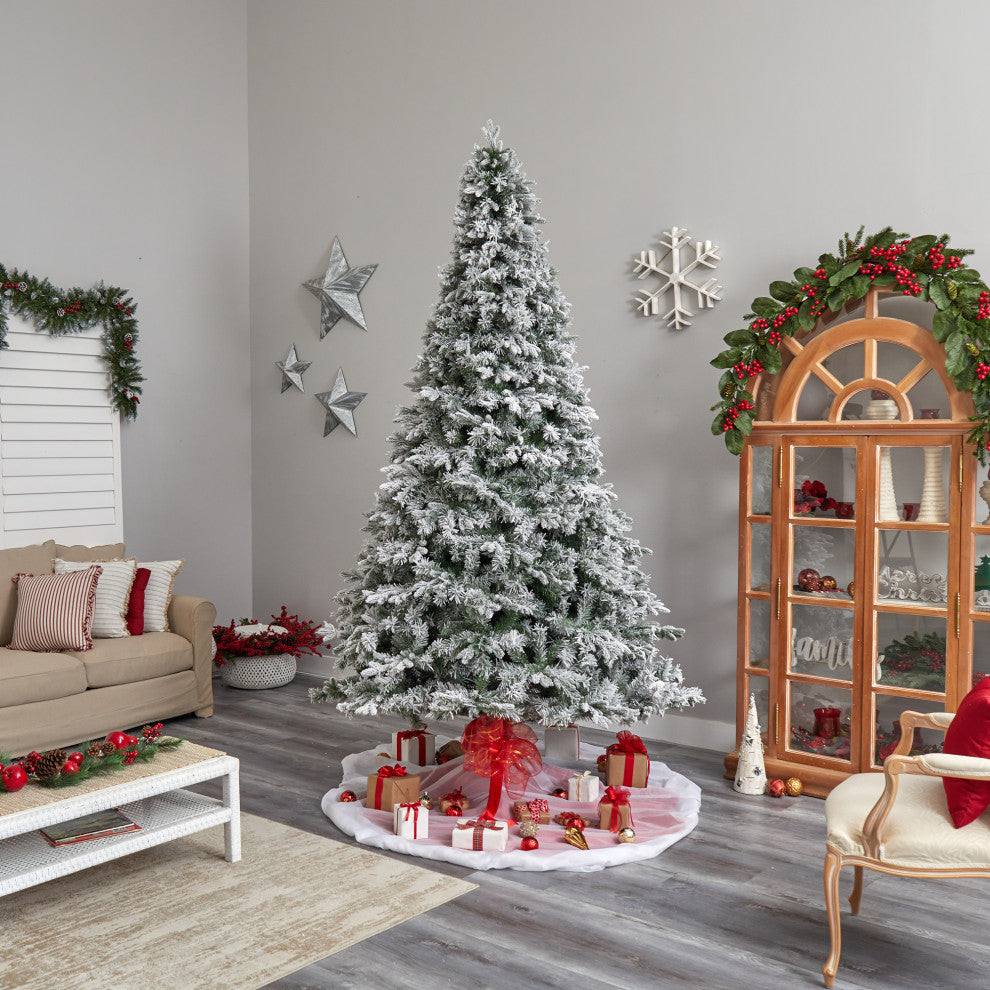 10' Flocked Vermont Mixed Pine Artificial Christmas Tree With 800 LED Lights