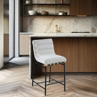 Burke Counter Stool, Cream, Boucle Fabric, White Oak Veneer Metal Dowel