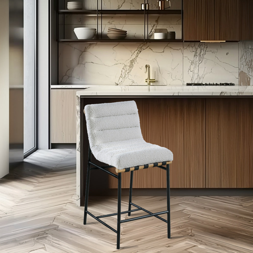 Burke Counter Stool, Cream, Boucle Fabric, White Oak Veneer Metal Dowel
