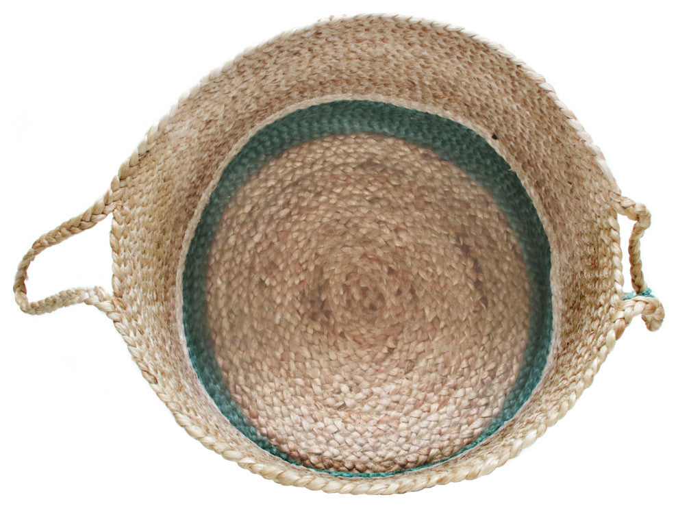 Teal and Natural Jute Color Block Storage Basket with Handles