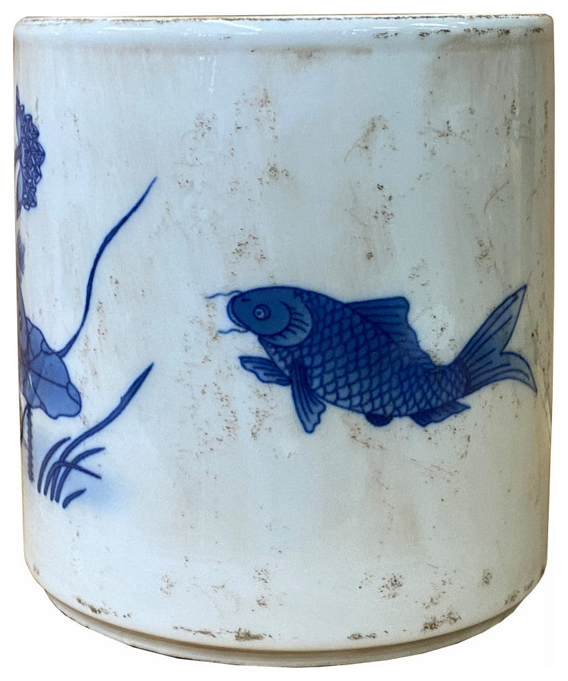 Chinese Distressed White Porcelain Blue Fishes Graphic Holder Vase Hws1845