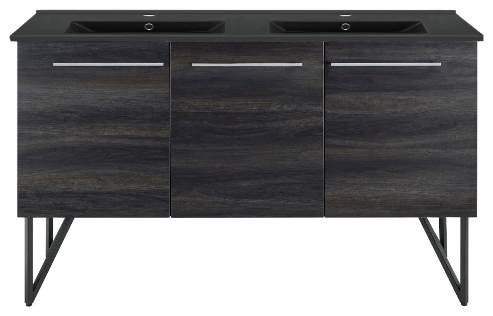 Annecy 60" Black Walnut, Double Basin Bathroom Vanity With Black Sink Top