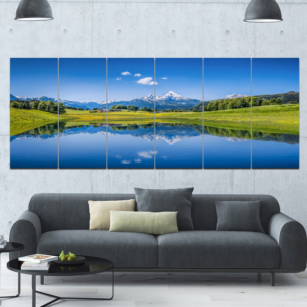 Summer with Clear Mountain Lake, Landscape Canvas Art Print, 70"x28", 6 Panels
