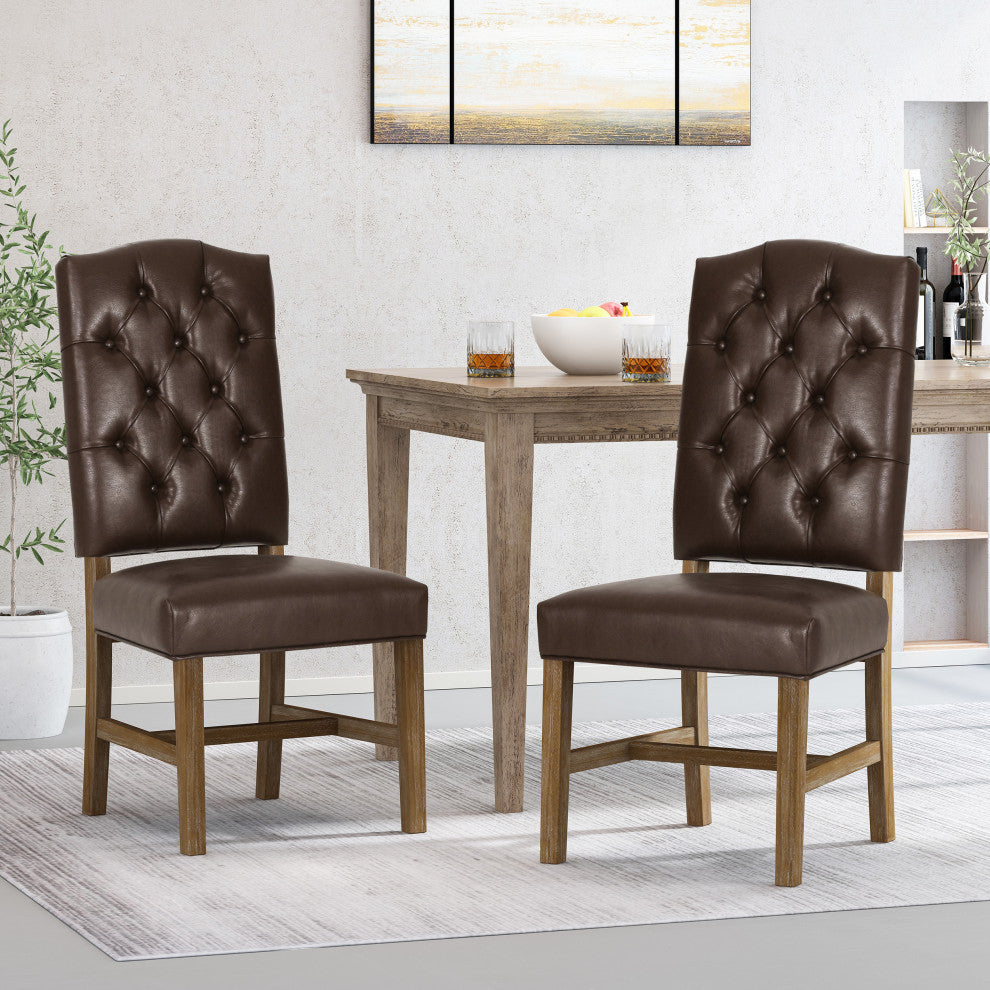 Loyning Contemporary Tufted Dining Chairs (Set of 2), Dark Brown/Natural, Faux Leather