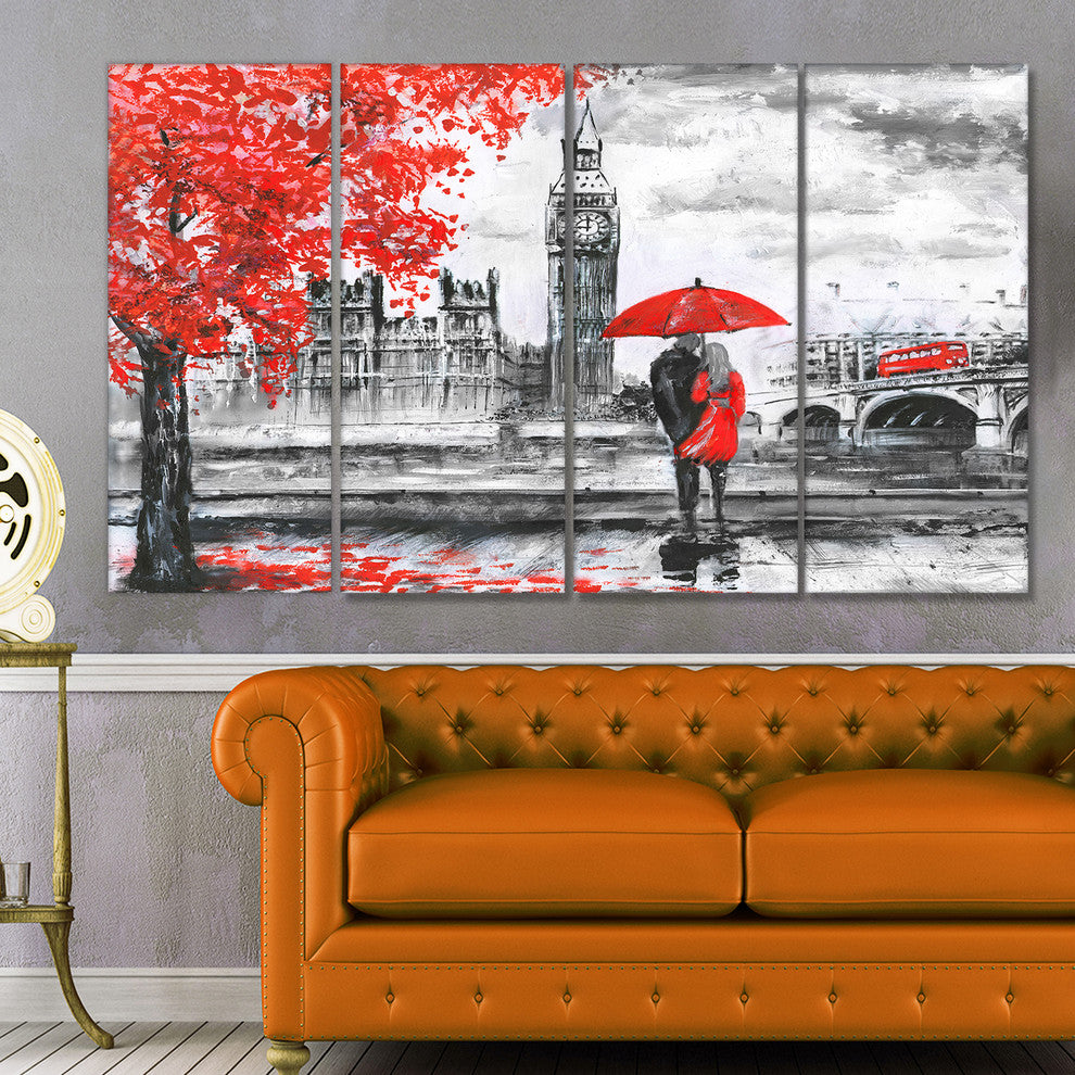 Couples Walking in Paris, Landscape Canvas Art Print, 48"x28", 4 Panels