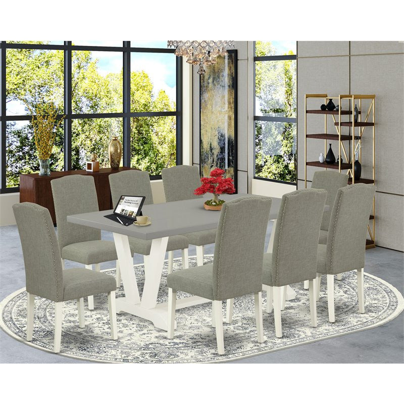 9-Piece Set Cement Color Table and 8 Linen Fabric Chairs, Linen White