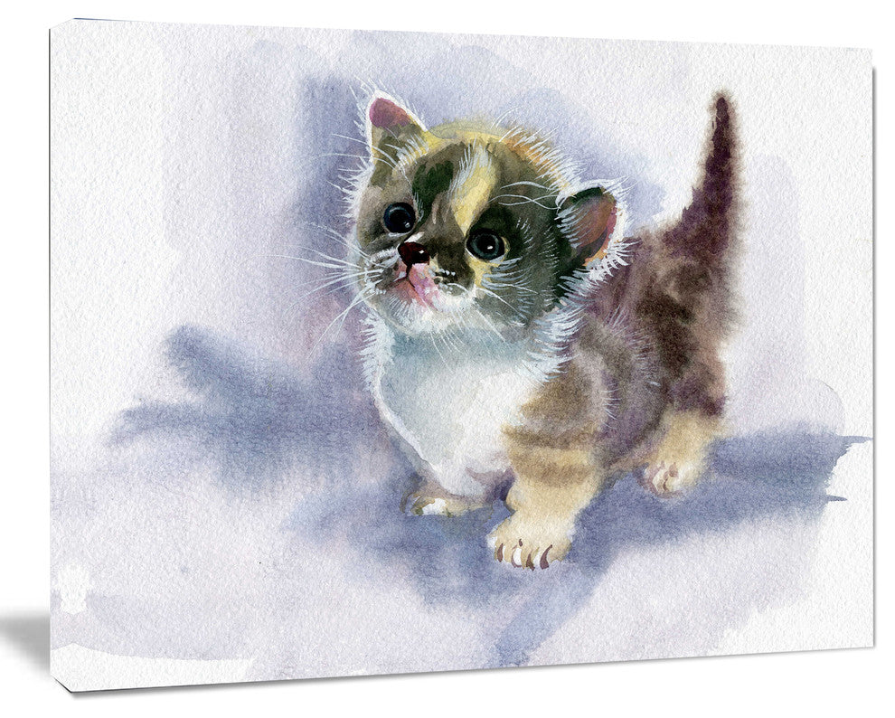 Cute Kitten on Blue Watercolor, Animal Canvas Art Print, 20"x12"