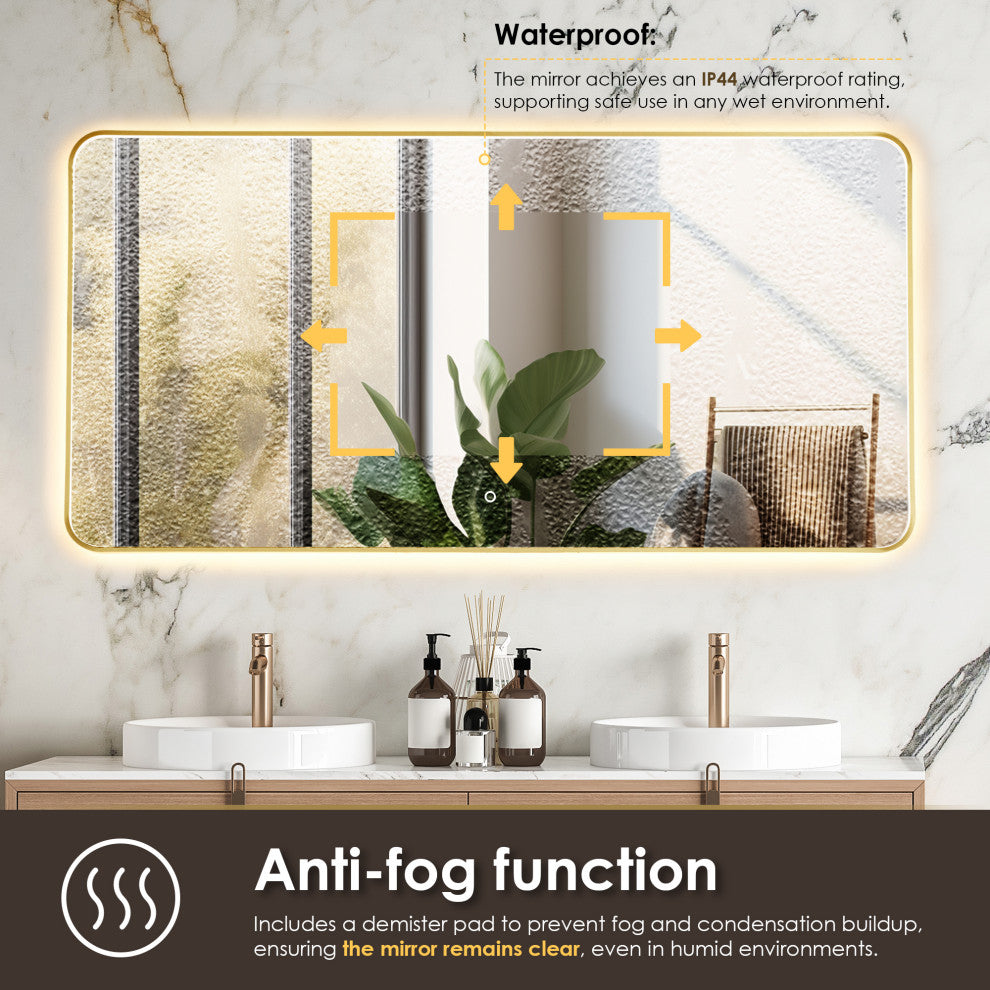 Dazzle Rectangular Bathroom/Vanity LED Lighted Wall Mirror, Brushed Gold, 60"