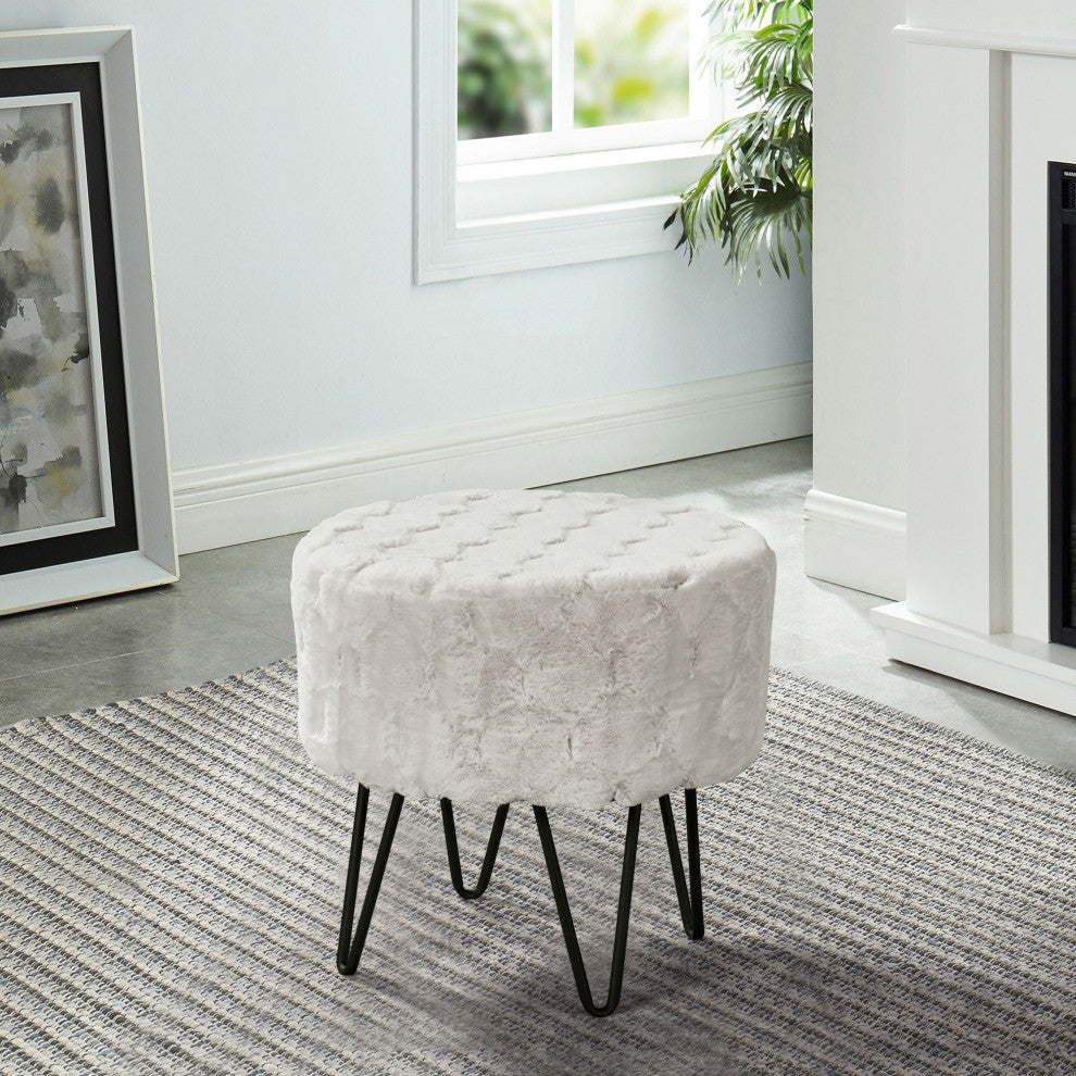 Jacquard Solid Faux Fur Round Ottoman, 18" x 18" x 18", White Sands