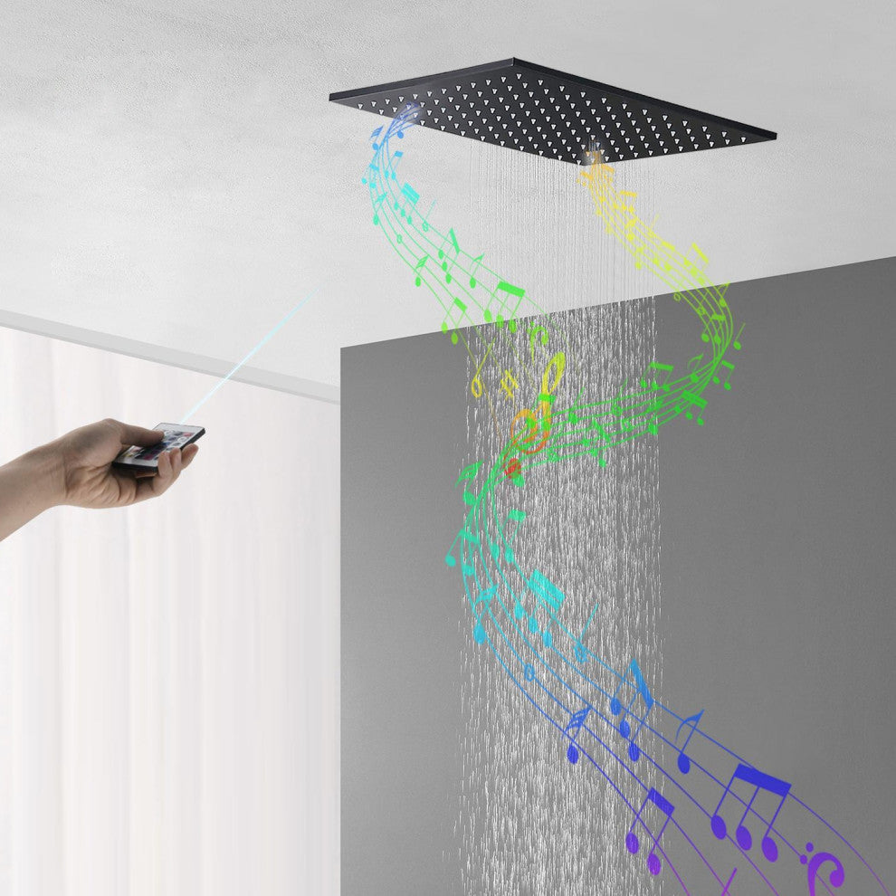 Remote Controlled Musical Matte Black Ceiling Shower System and 6 Body Jets