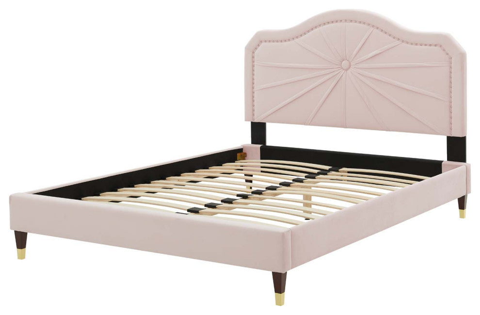 Platform Bed Frame, Full Size, Velvet, Pink, Modern Contemporary, Bedroom Master