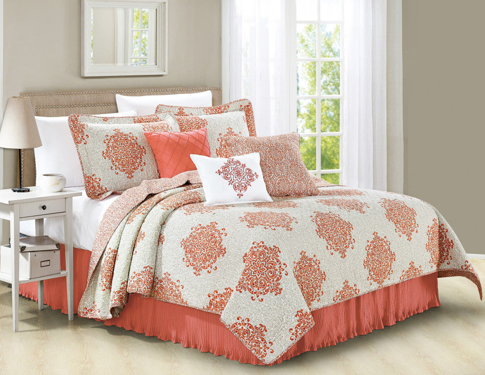 Chelsea Printed Quilted 6 Piece Bed Spread Set, Coral, Queen