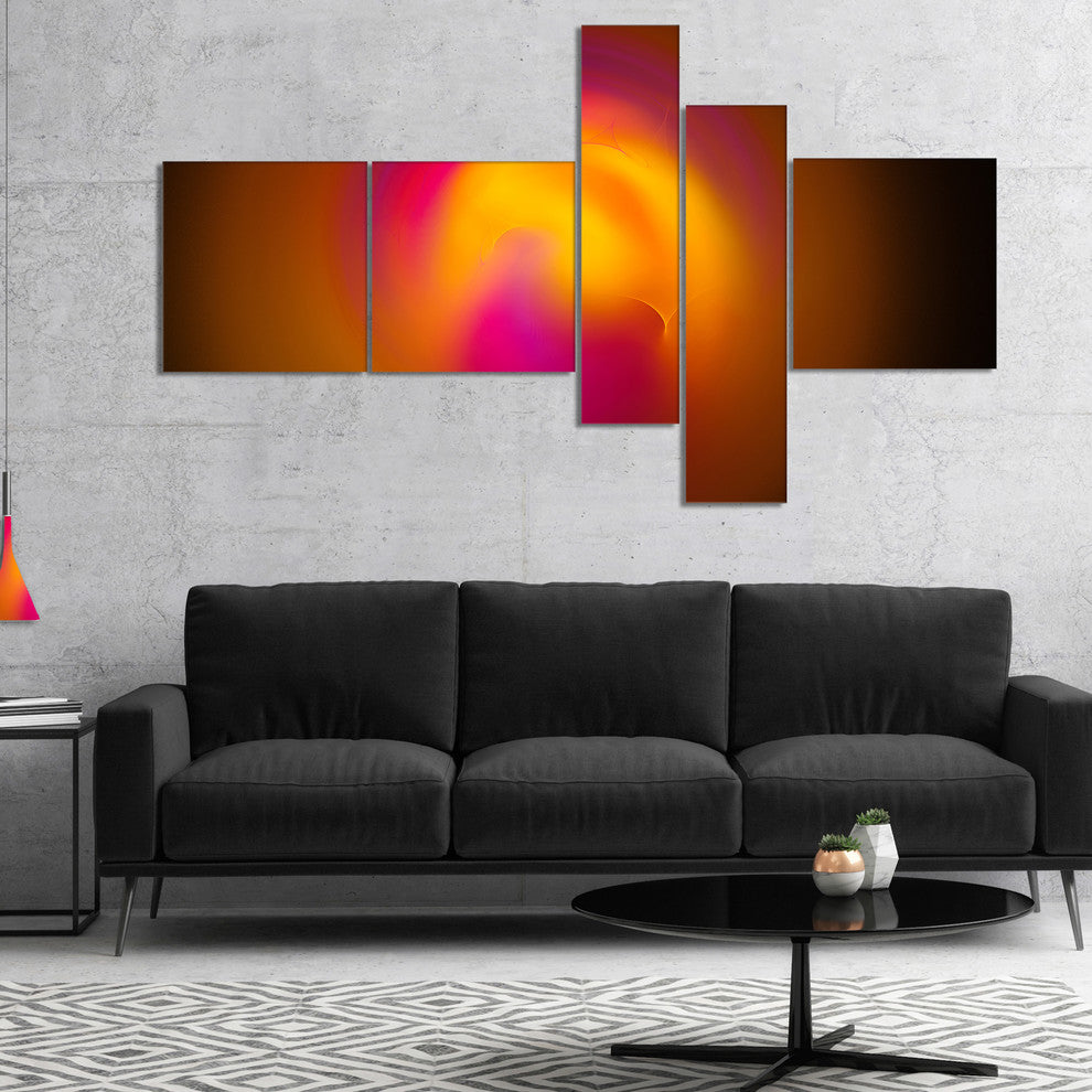 Yellow Pink Misty Sphere on Black, Abstract Canvas Art Print, 60"x32", 5 panels