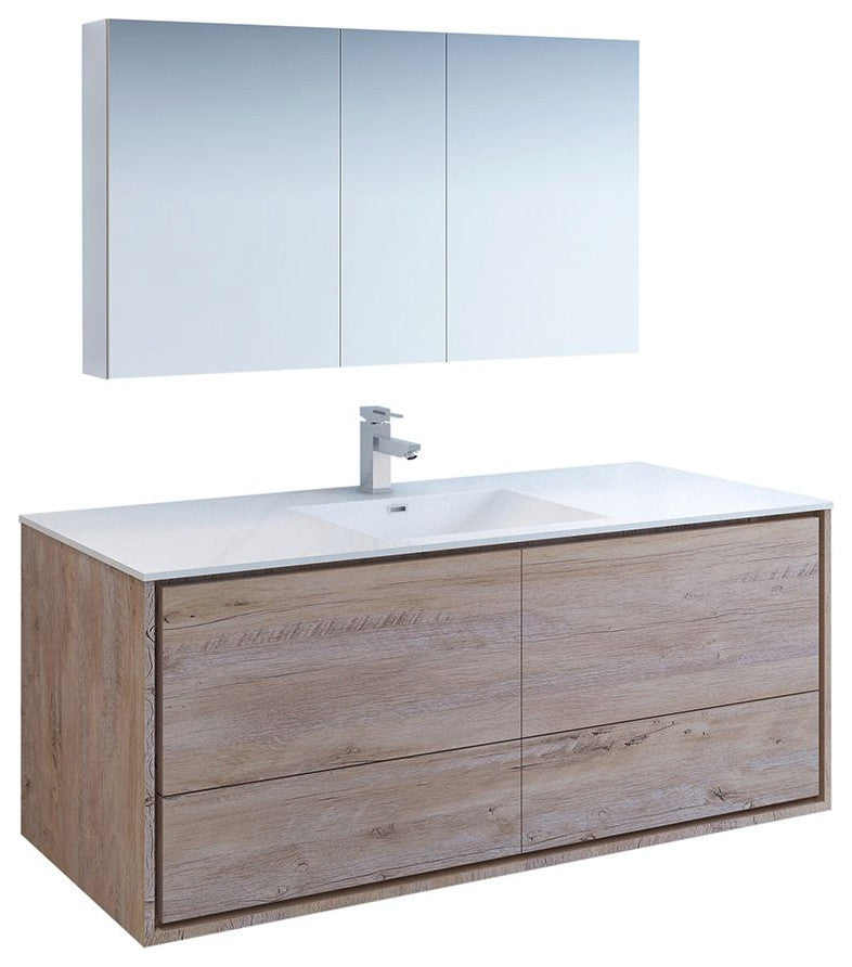 Catania 60" Rustic Natural Wood Vanity Set, Fortore Faucet/Chrome
