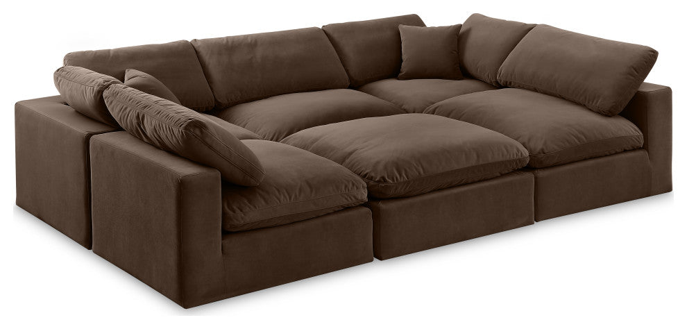 Comfy Upholstered U-Shaped Modular Sectional, Brown, 6-Piece: 3 Armless Chair, 2 Corner Chair, 1 Ottoman, Velvet
