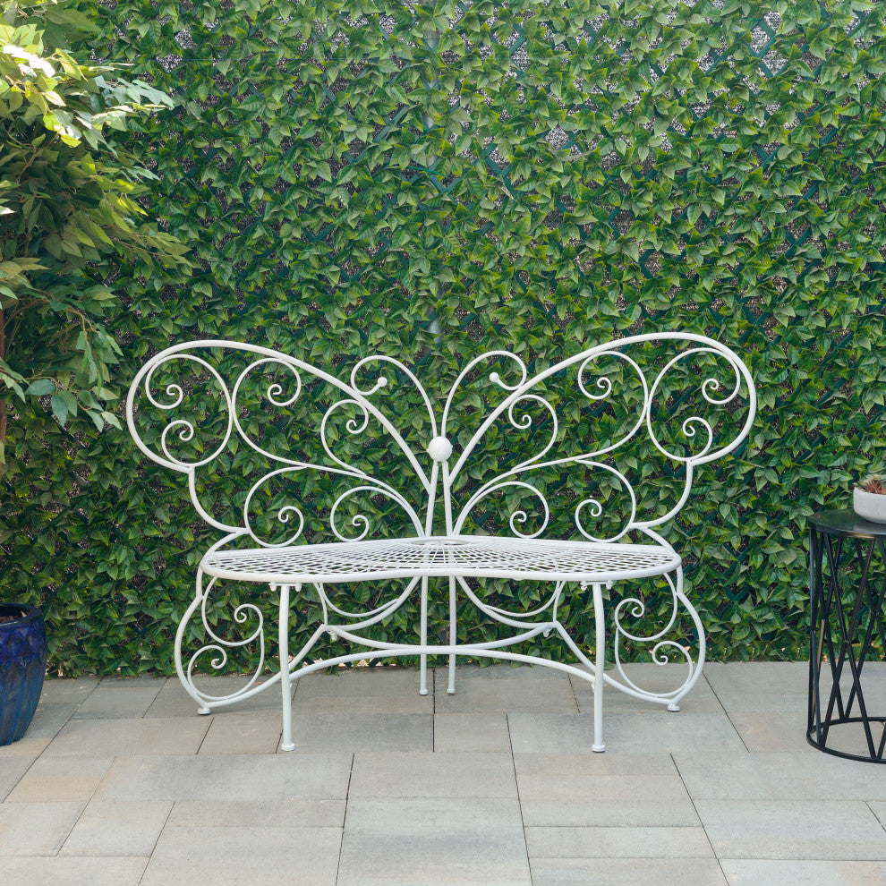 62"L Indoor/Outdoor 2 Person Metal Butterfly Shaped Garden Bench, White - Thumbnail 4