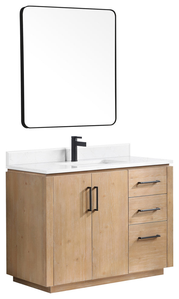 San Bath Vanity with Stone Top, Fir Wood Brown, 42", Single Vanity, With Mirror