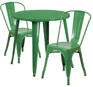 Commercial Grade 30" Round Green Metal Indoor-Outdoor Table Set, 2 Cafe Chairs