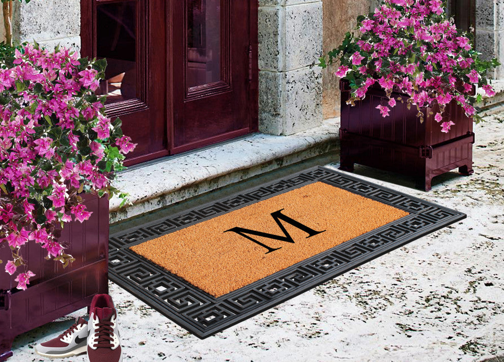 Rubber And Coir Greek Key Black Border 24"x36", Outdoor Monogrammed Doormat, M
