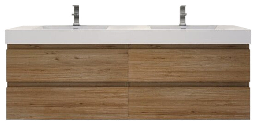 84" Double Sink Wall Mount Vanity, Acrylic Sink, Natural Oak