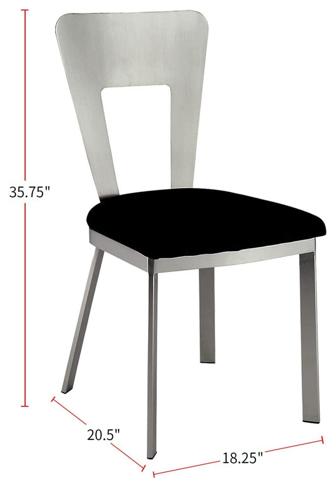 Set of 2 Dining Chair, Silver Finished Open Back With Black Microfiber Seat