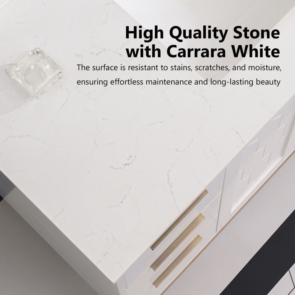 Alison Freestanding Bathroom Vanity with Italian Carrara White Marble Top, White, 48"