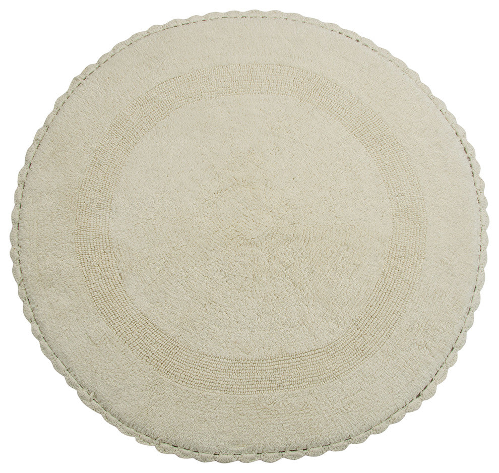 Saffron Fabs Bath Rug 36" Reversible Hand Knit Crochet Lace Border, Ivory