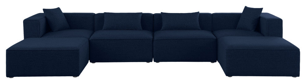 Cube Upholstered Modular Sectional, Navy, 6-Piece: 2 Armless Chair, 2 Corner Chair, 2 Ottoman, Linen Texured Fabric