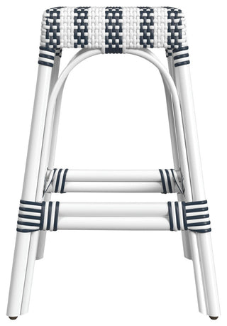 Robias Rectangular Rattan 24.5" Counter Stool, White and Navy Stripe