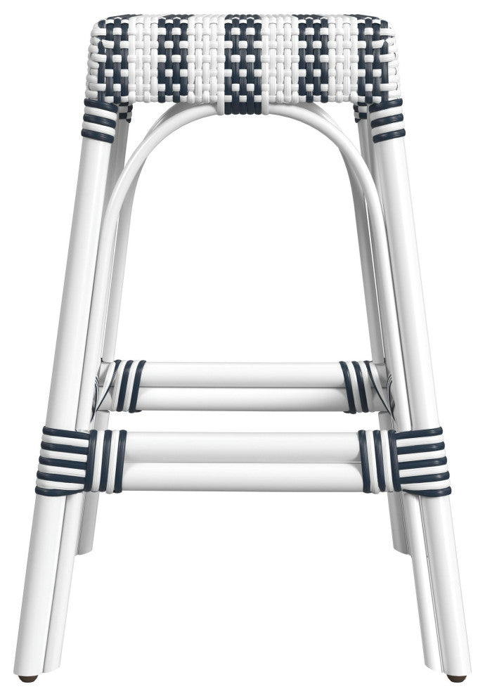 Robias Rectangular Rattan 24.5" Counter Stool, White and Navy Stripe