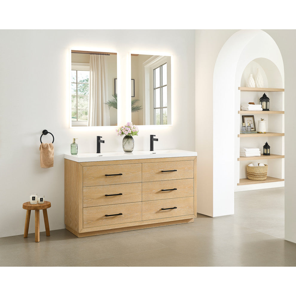 Sigrid Bathroom Vanity, White Oak, 60", No Mirror