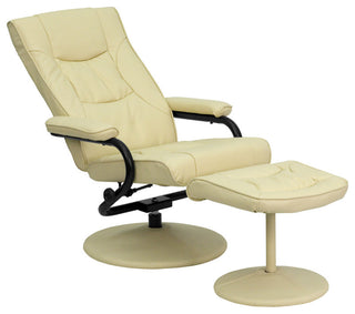 Multi-Position Recliner and Ottoman with Wrapped Base in Cream LeatherSoft