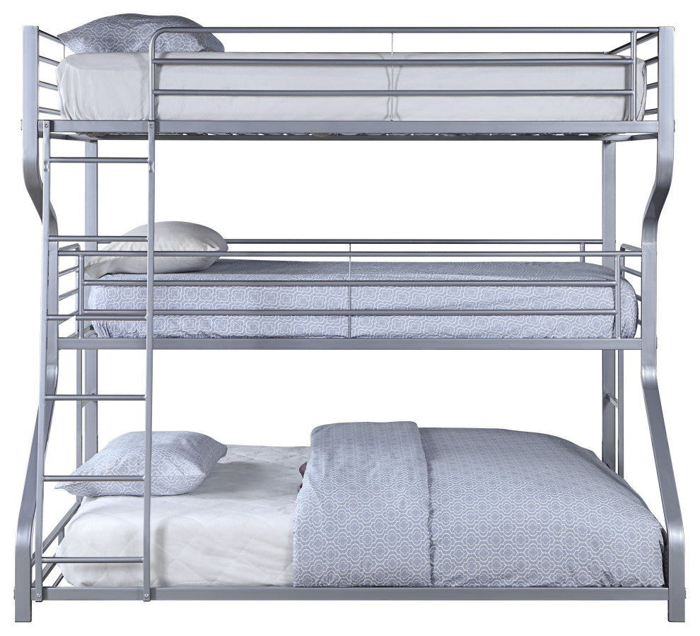 Benzara BM214895 3 Tier Bunk Bed With Curved Metal Frame and Guardrails, Silver