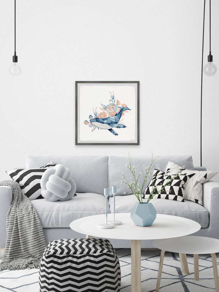 "Whale and Flowers" Framed Painting Print, 32x32