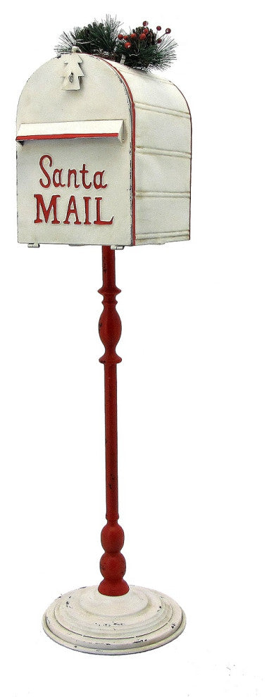 Standing "Santa's Mail" Christmas Mailbox With Light-Up Wreath, Antique White