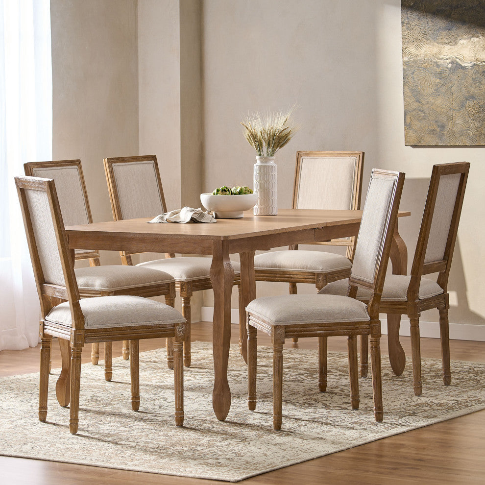 Fernleaf French Country Fabric Upholstered Wood Expandable 7-Piece Dining Set, Natural Brown/Beige