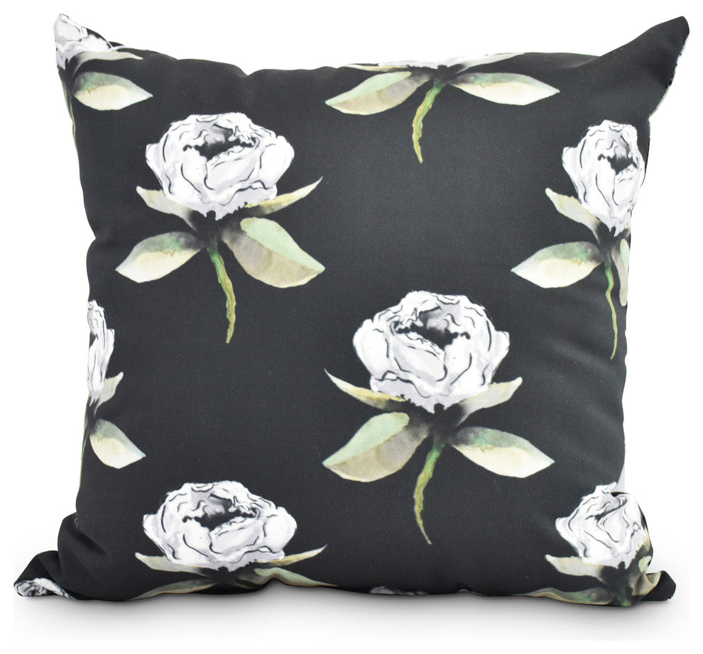 Floral Bunch 18" Black Floral Print Decorative Throw Pillow