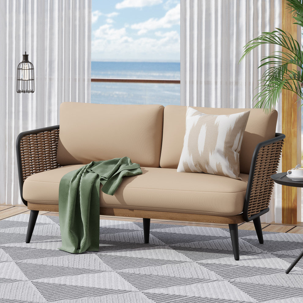 GDF Studio Outdoor Wicker Loveseat With Water-Resistant Cushions, Brown/Beige