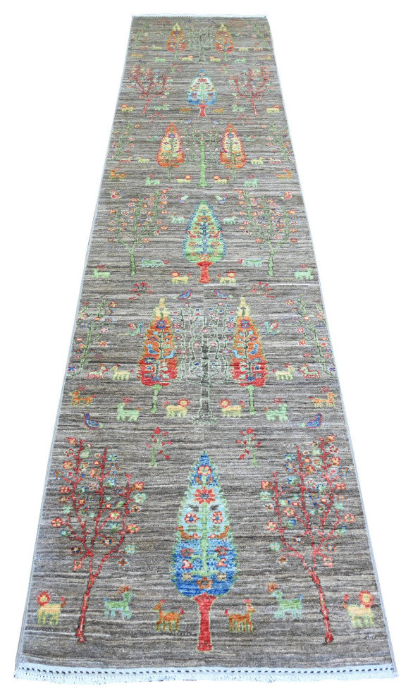 Echo Gray Wool Hand Knotted Folk Art Willow Cypress Tree Design Rug  2'5"x11'2"