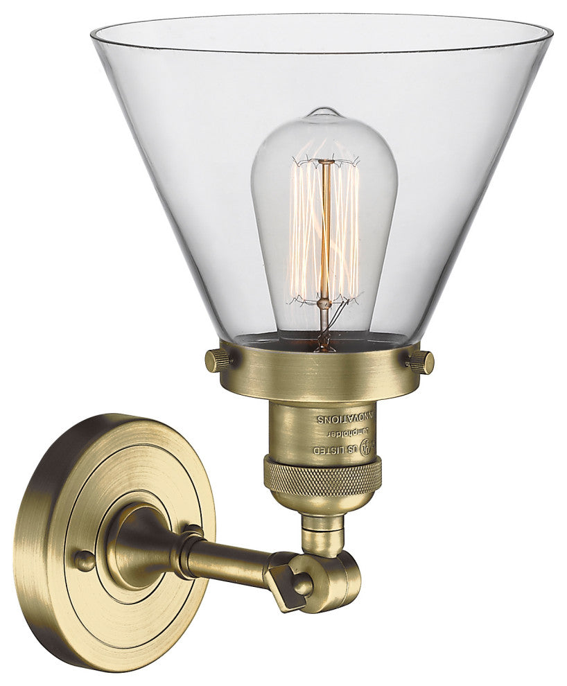 1-Light Large Cone 8" Sconce, Antique Brass, Glass: Clear