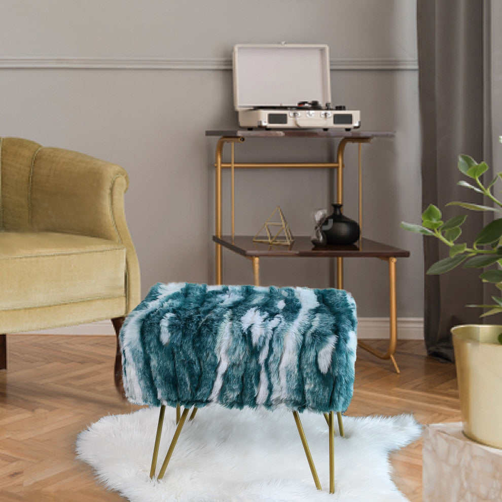 Soft Faux Fur Ottoman Fuzzy Entryway Bench Seat, Deep Teal, 19"x13"x17"