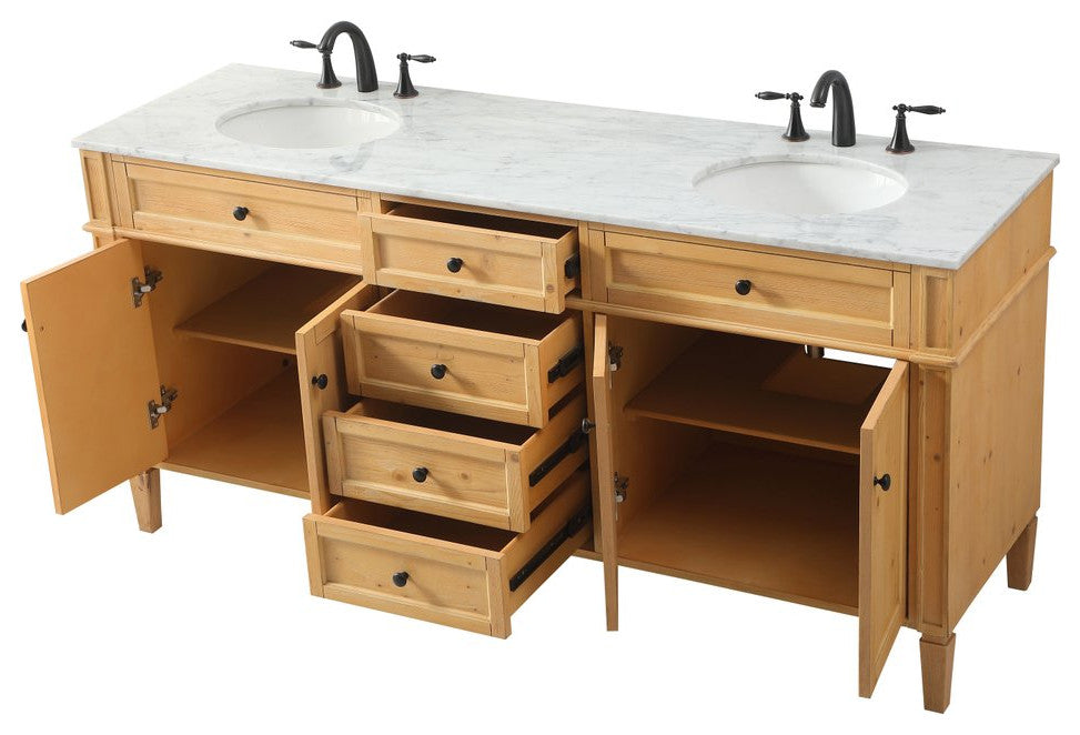 Home Living Vanity with Carrara White Marble Countertop, Natural Wood, 72", Double Sink