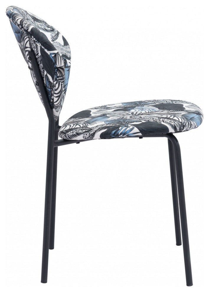 Set of Two Blue Black and White Tropical Design Dining or Side Chairs