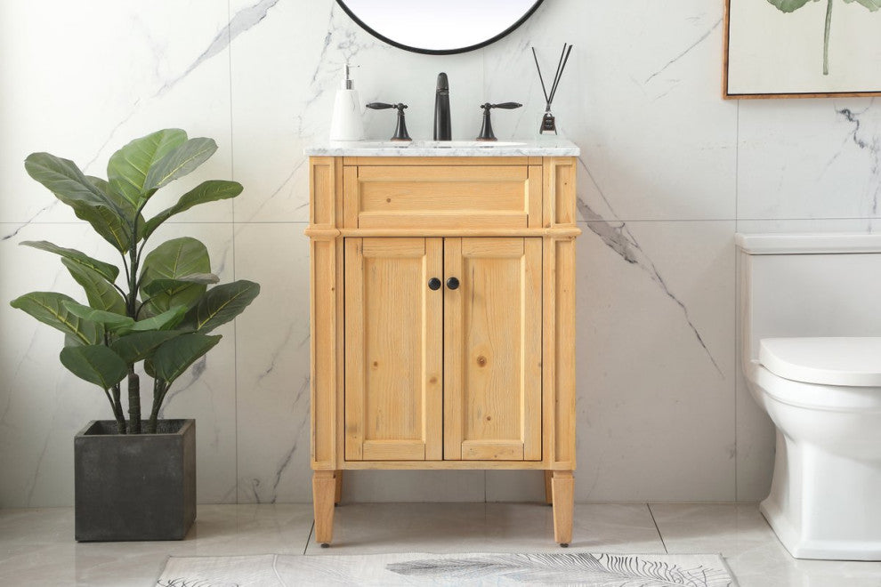 Home Living Vanity with Carrara White Marble Countertop, Natural Wood, 24", Single Sink