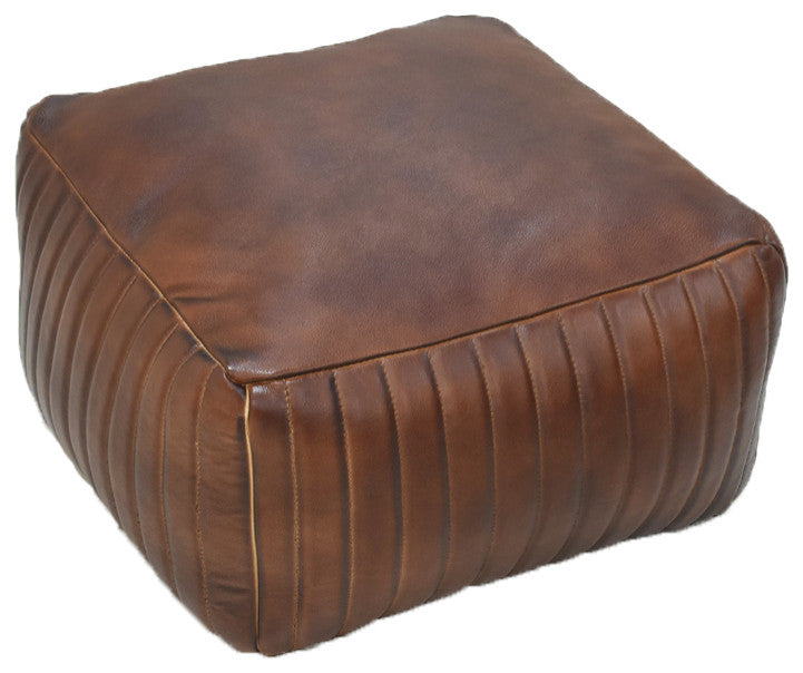 Poufs-Solid Handmade Goat Leather Pouf, Recycled Cotton Fill, Brown, Square [21x21x12]