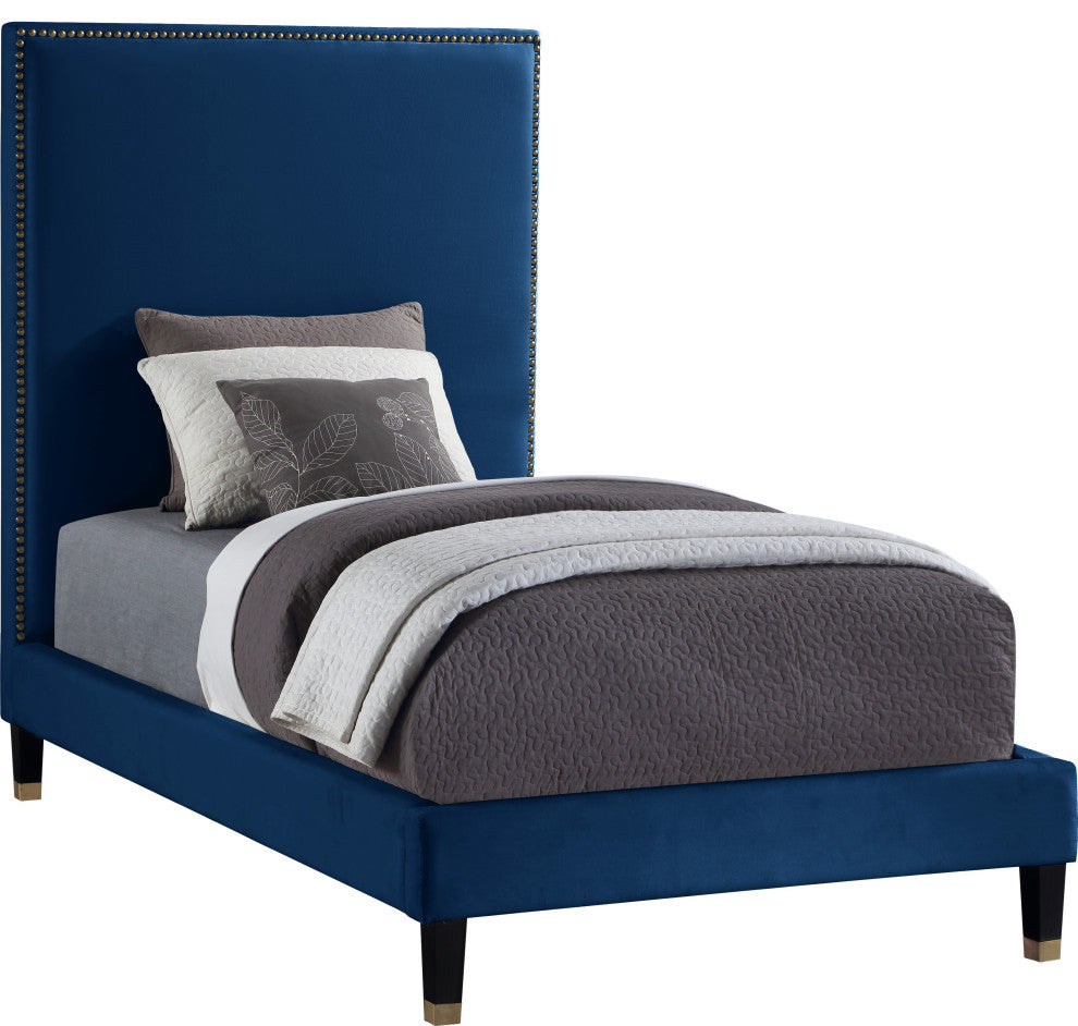 Harlie Velvet Upholstered Bed, Navy, Twin