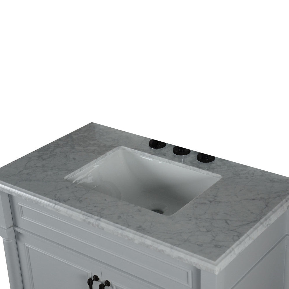 36" Single Vanity, Light Gray With White Carrara Marble Top